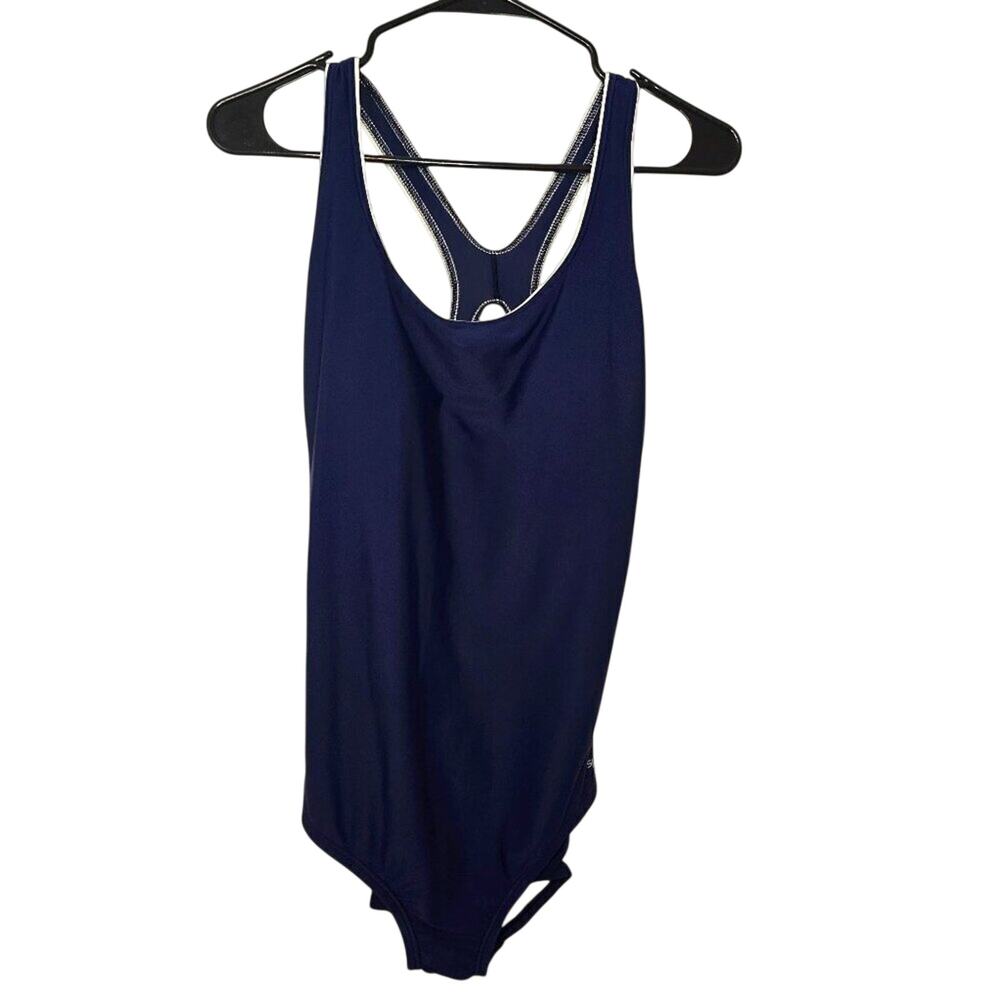 Speedo One Piece Navy & White‎ Blue Retro Racerback Swimsuit Large